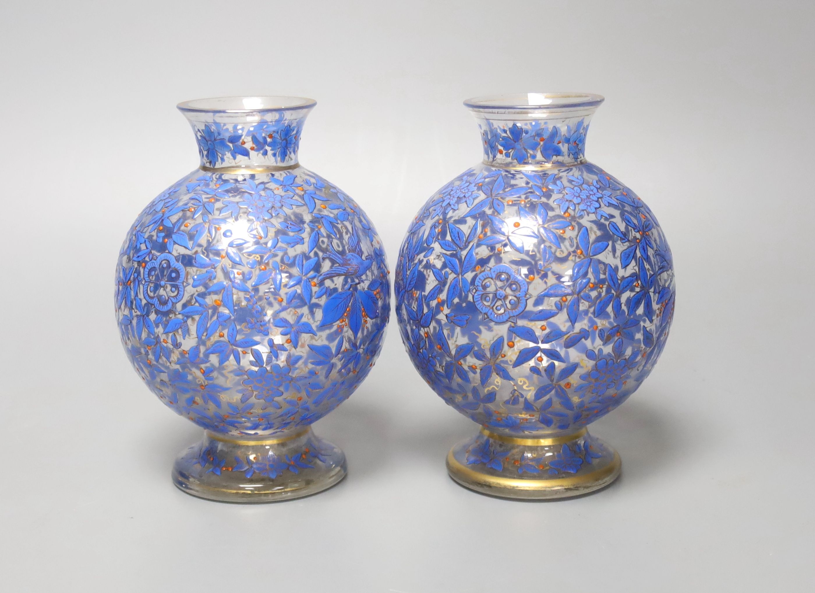 A pair of Bohemian Persian style enamelled glass vases, possibly Moser, 15cm